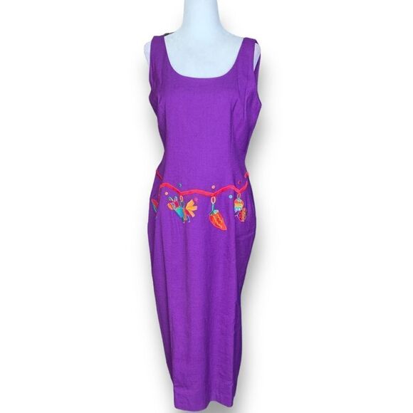 Vintage 90s Maxi Sundress Purple Mexican Fiesta Embroidered Linen Blend Size 10P - Picture 11 of 11